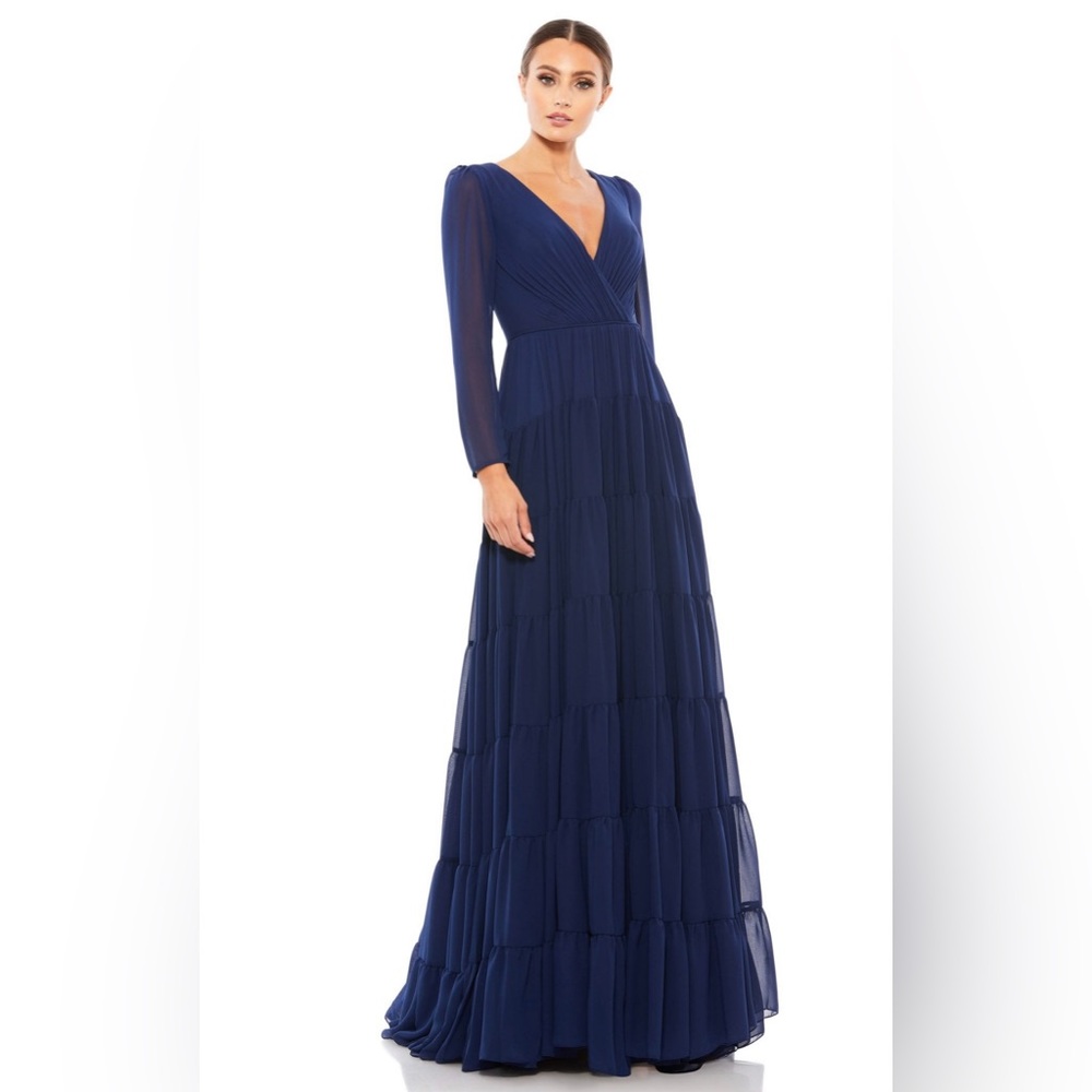 Brand New Midnight Blue MacDuggal lined chiffon gown, Size 10
